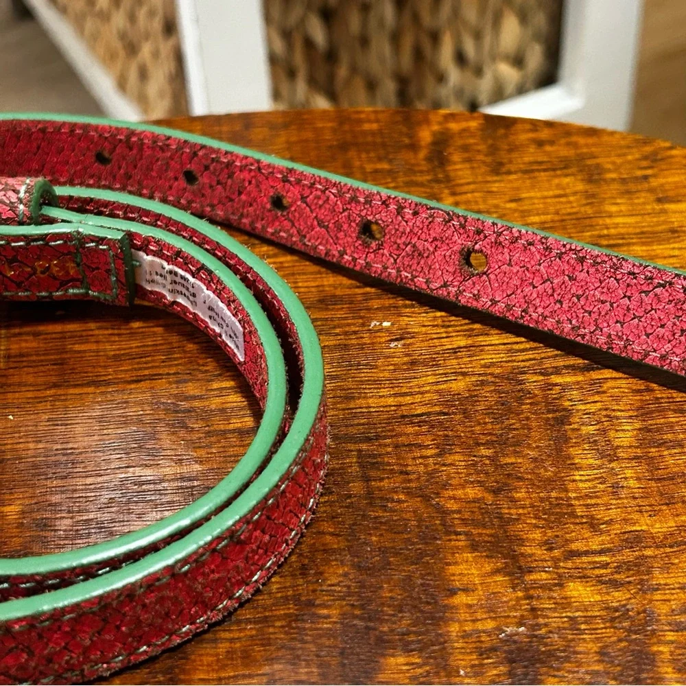 Liebeskind Berlin Coral Green Snake Embossed Leather Belt Brass Gold Buckle